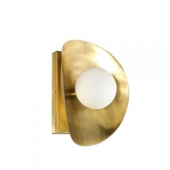 Pair of Mid Century Modernist Shield Form Brushed Brass Frosted Glass Sconces - 3898896