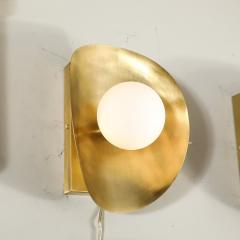 Pair of Mid Century Modernist Shield Form Brushed Brass Frosted Glass Sconces - 3898909