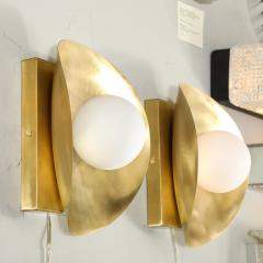 Pair of Mid Century Modernist Shield Form Brushed Brass Frosted Glass Sconces - 3898912