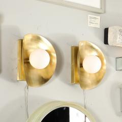 Pair of Mid Century Modernist Shield Form Brushed Brass Frosted Glass Sconces - 3899033