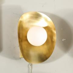 Pair of Mid Century Modernist Shield Form Brushed Brass Frosted Glass Sconces - 3899036