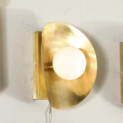 Pair of Mid Century Modernist Shield Form Brushed Brass Frosted Glass Sconces - 3899038