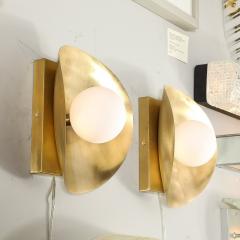 Pair of Mid Century Modernist Shield Form Brushed Brass Frosted Glass Sconces - 3899047