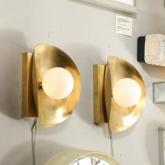 Pair of Mid Century Modernist Shield Form Brushed Brass Frosted Glass Sconces - 3899061