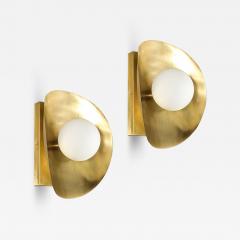 Pair of Mid Century Modernist Shield Form Brushed Brass Frosted Glass Sconces - 3907685