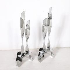 Pair of Mid Century Modernist Torqued Flame Andirons in Polished Chrome - 3523817