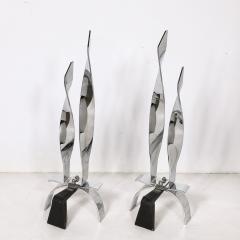 Pair of Mid Century Modernist Torqued Flame Andirons in Polished Chrome - 3523823