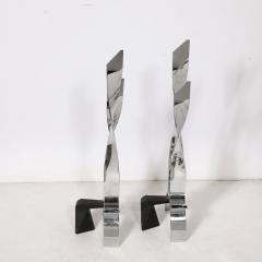 Pair of Mid Century Modernist Torqued Flame Andirons in Polished Chrome - 3523831
