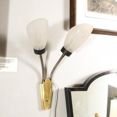 Pair of Mid Century Tulip Form Articulating Frosted Glass Brass Fitted Sconces - 3751867