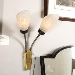 Pair of Mid Century Tulip Form Articulating Frosted Glass Brass Fitted Sconces - 3751961