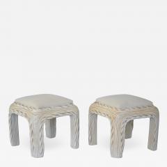 Pair of Mid Century Upholstered Rattan Stools - 1865195