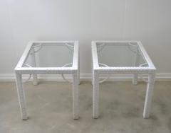 Pair of Mid Century White Lacquered Rattan Side Tables - 2177924