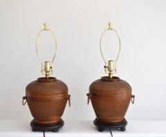 Pair of Mid Century Woven Reed Basket Form Table Lamps - 762814