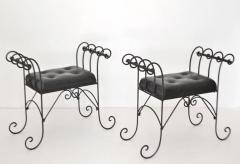 Pair of Mid Century Wrought Iron Tufted Leather Benches - 673565