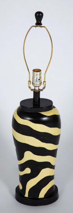 Pair of Mid Century Zebra Decorated Lamps with Matching Finials - 4257496