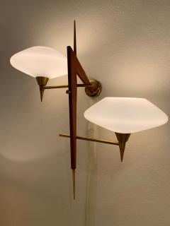 Pair of Midcentury Brass Brown Faux Leather and Glass Shades Wall Lights - 1493437