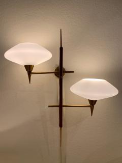 Pair of Midcentury Brass Brown Faux Leather and Glass Shades Wall Lights - 1493439