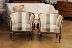 Pair of Midcentury Scandinavian Birchwood Horseshoe Back Upholstered Club Chairs - 3602197