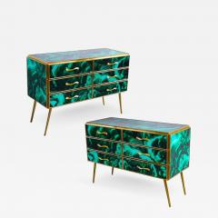 Pair of Midcentury Style Brass and Malachite Colored Murano Glass Commode 2020 - 3002427