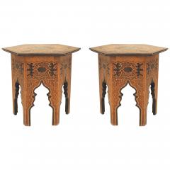 Pair of Middle Eastern Moorish Style Burnt Wood Hexagonal Taborets - 4718130