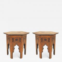 Pair of Middle Eastern Moorish Style Burnt Wood Hexagonal Taborets - 4718227