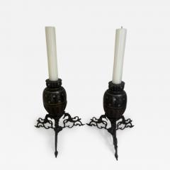Pair of Middle Eastern candlesticks with brass inlay and 3 horse base - 4660027