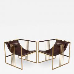 Pair of Modern Brass Leather Lounge Chair Bison by McGuire Haybine - 1839416