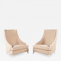Pair of Modern High Back Lounge Chairs with Designer Cream Velvet - 2552387