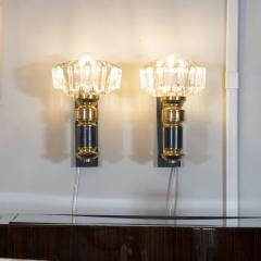 Pair of Modernist Brass Handblown Clear Murano Glass Black Enamel Sconces - 1579071