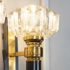Pair of Modernist Brass Handblown Clear Murano Glass Black Enamel Sconces - 1579081