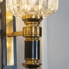 Pair of Modernist Brass Handblown Clear Murano Glass Black Enamel Sconces - 1579082