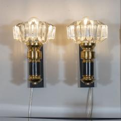 Pair of Modernist Brass Handblown Clear Murano Glass Black Enamel Sconces - 1579083