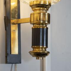 Pair of Modernist Brass Handblown Clear Murano Glass Black Enamel Sconces - 1579084