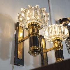 Pair of Modernist Brass Handblown Clear Murano Glass Black Enamel Sconces - 1579085