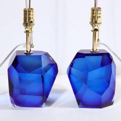 Pair of Modernist Faceted Hand Blown Murano Glass Table Lamps in Sapphire - 2946449