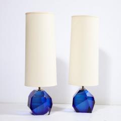 Pair of Modernist Faceted Hand Blown Murano Glass Table Lamps in Sapphire - 2946549