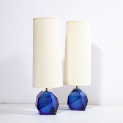 Pair of Modernist Faceted Hand Blown Murano Glass Table Lamps in Sapphire - 2946629