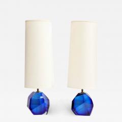 Pair of Modernist Faceted Hand Blown Murano Glass Table Lamps in Sapphire - 2951875