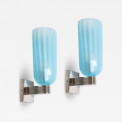 Pair of Modernist Hand Blown Murano Arctic Blue Fluted Glass Sconces Nickel - 4553643