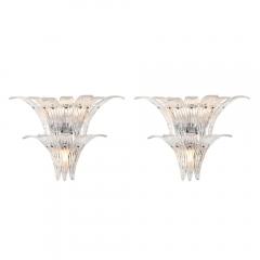 Pair of Modernist Hand Blown Murano Clear Glass Nickel Fitted Palma Sconces - 3998120