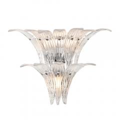 Pair of Modernist Hand Blown Murano Clear Glass Nickel Fitted Palma Sconces - 3998125