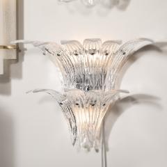 Pair of Modernist Hand Blown Murano Clear Glass Nickel Fitted Palma Sconces - 3998179