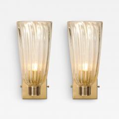 Pair of Modernist Hand Blown Murano Fluted Glass Sconces w 24kt Gold Flecks - 3646307