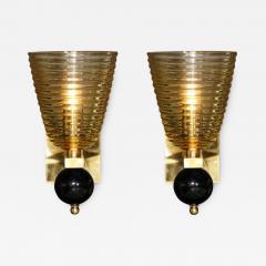 Pair of Modernist Hand Blown Murano Hive Glass Form Sconces w Jet Black Orbital - 3202458