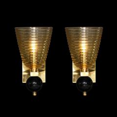 Pair of Modernist Hand Blown Murano Hive Glass Form Sconces w Jet Black Orbital - 3276071