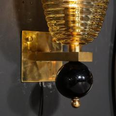 Pair of Modernist Hand Blown Murano Hive Glass Form Sconces w Jet Black Orbital - 3276085