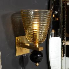 Pair of Modernist Hand Blown Murano Hive Glass Form Sconces w Jet Black Orbital - 3276151