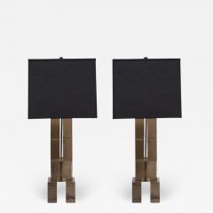 Pair of Modernist Hand Blown Murano Smoked Glass Rectilinear Totem Table Lamps - 3202438