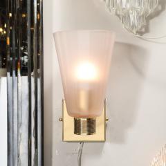 Pair of Modernist Hand Blown Murano Smoked Pink Glass w Reeded Brass Sconces - 3645251