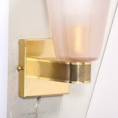 Pair of Modernist Hand Blown Murano Smoked Pink Glass w Reeded Brass Sconces - 3645300